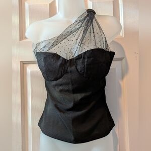 Elegant Black One-Shoulder Polka Dot Sheer  Women's Crop Top, Size Small